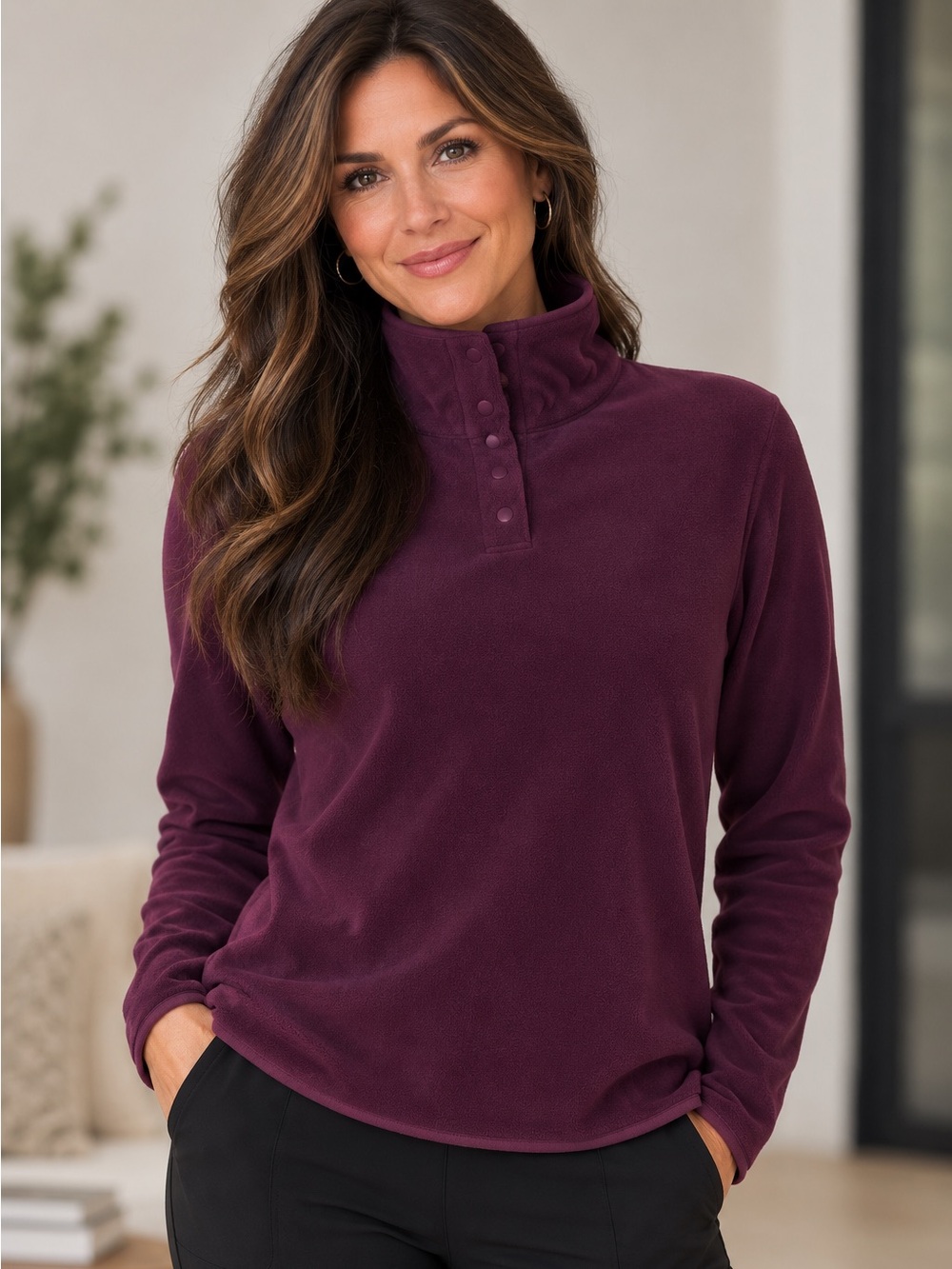 32 Degrees Snap Arctic Fleece Stretch Pullover Stand Up Collar Jacket Port Grape